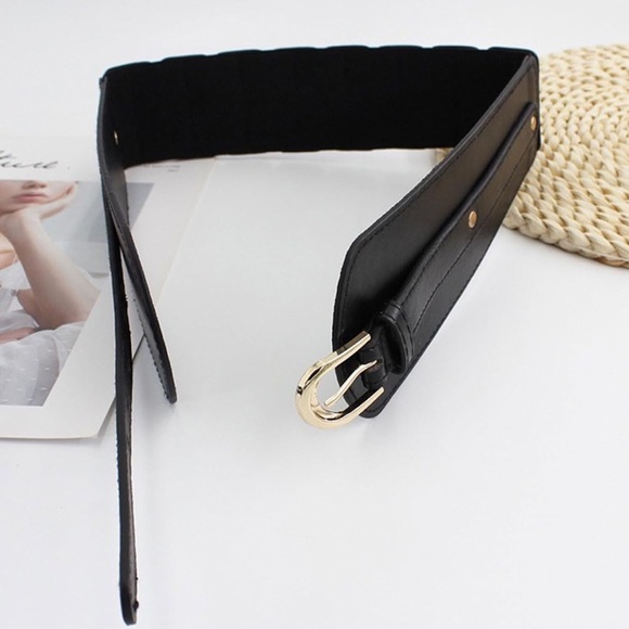 New Black Corset Vegan Leather Waist Belt with Gold Buckle